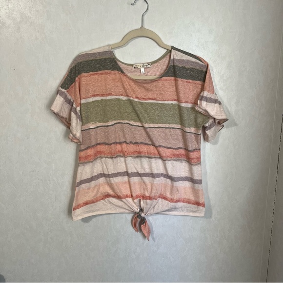 Tru Self Orange and Green Crop Tie Front Ruffle Sleeve Summer T-Shirt - Picture 1 of 4